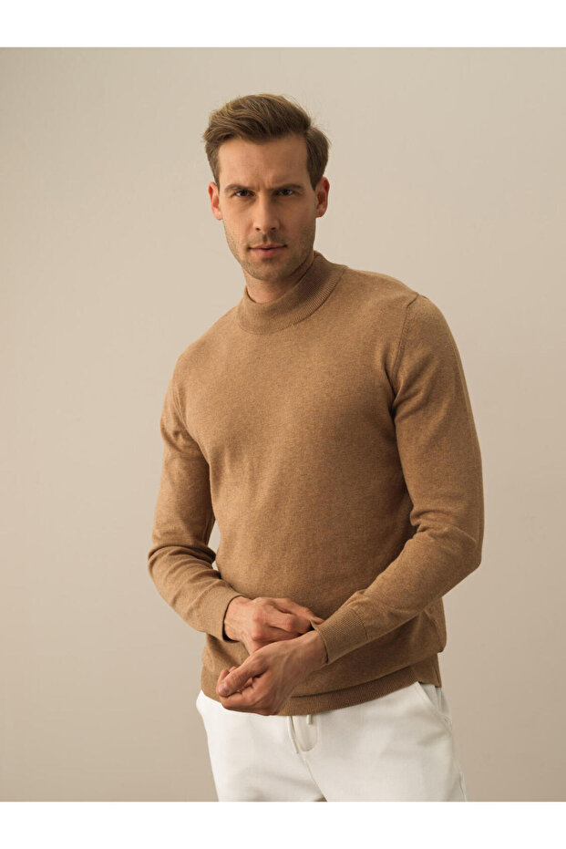 Erkek Camel Dokulu Pamuk Dokulu Regular Fit Kazak - 1