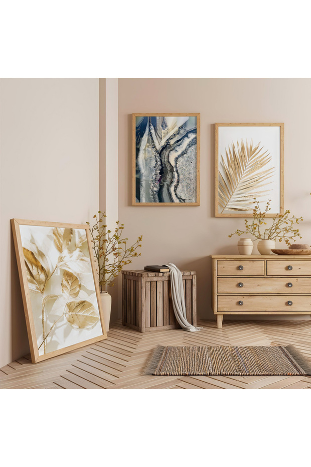 Wooden Framed Golden Silence Triple Wooden Painting Set