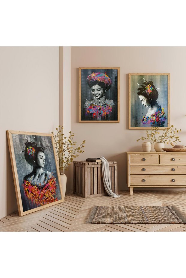 Beautiful Women in Wooden Frame Triple Wooden Painting Set