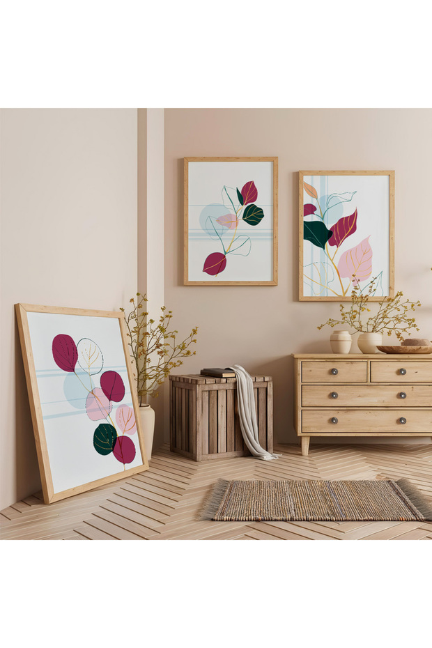 Elegant Leaves Triple Wooden Painting Set with Wooden Frame