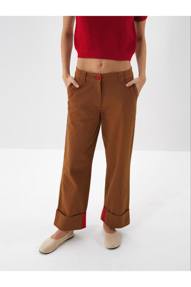 Kadın Camel Pamuklu Oversize Pantolon - 1