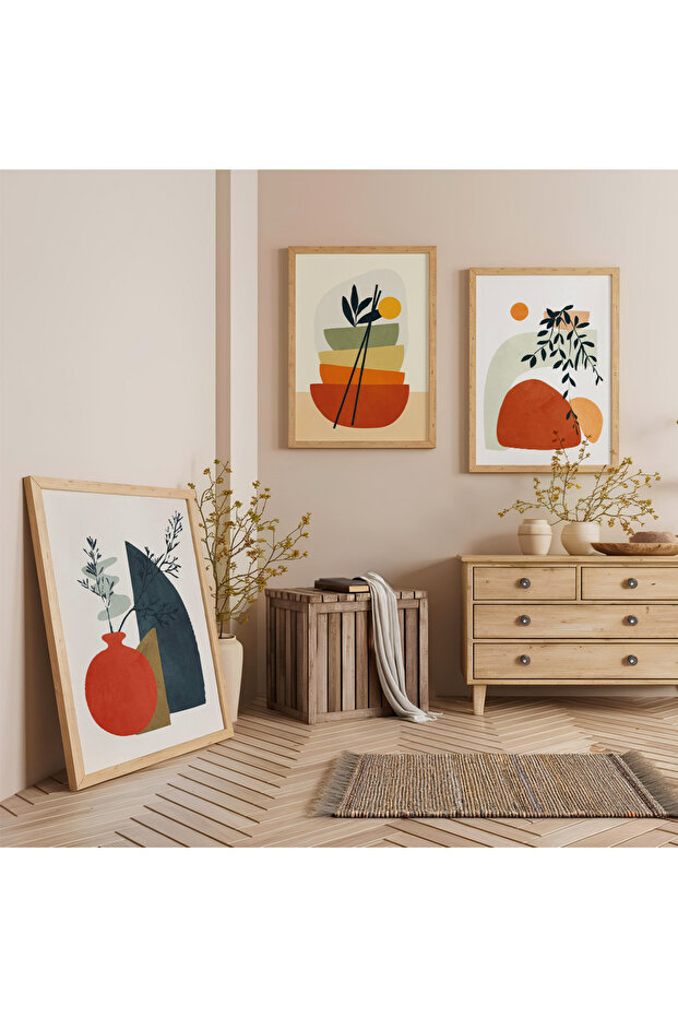 Modern Minimalism Triple Wooden Painting Set with Wooden Frame