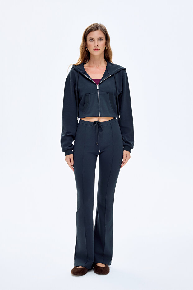 Kapüşonlu Fermuarlı Basic Sweatshirt Lacivert - 3