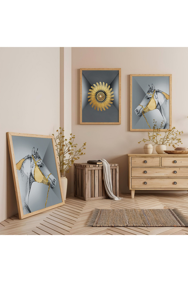 Wooden Framed Noble Horses Triple Wooden Painting Set