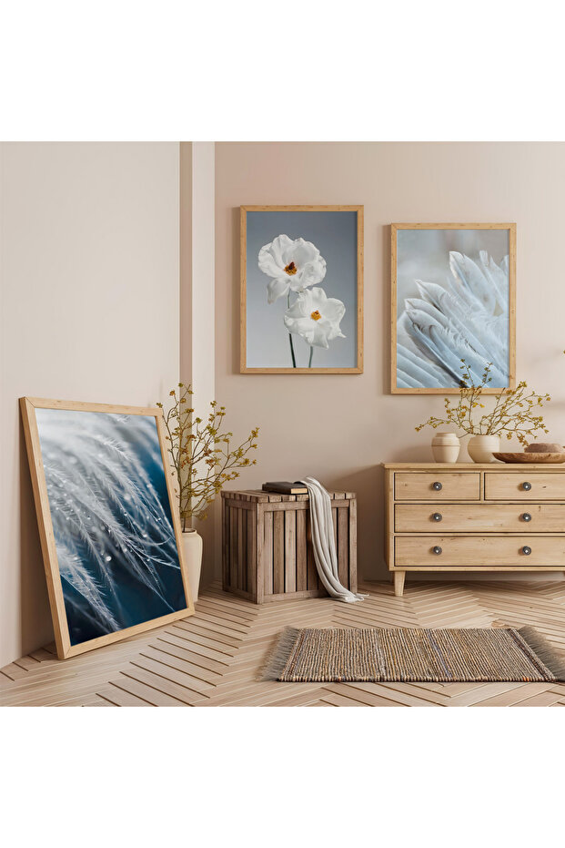White Flower Triple Wooden Painting Set with Wooden Frame