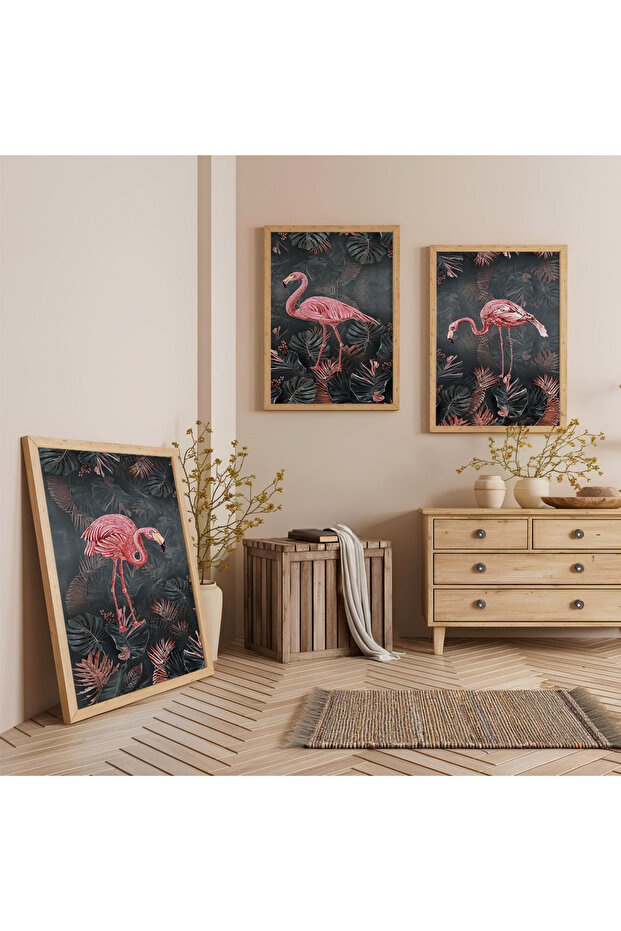 Flamingo Triple Wooden Painting Set with Wooden Frame