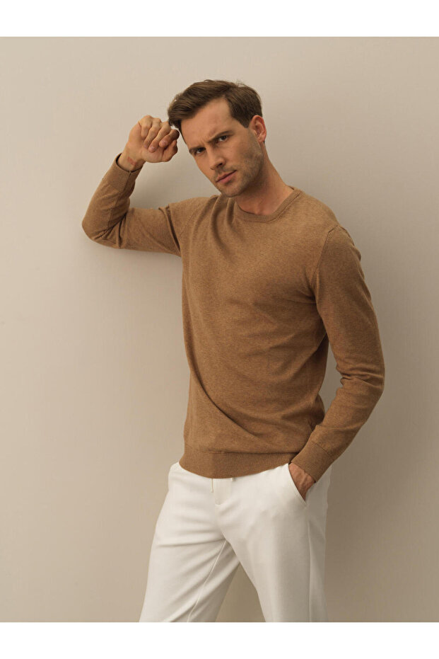 Erkek Camel Dokulu Pamuk Dokulu Regular Fit Kazak - 2