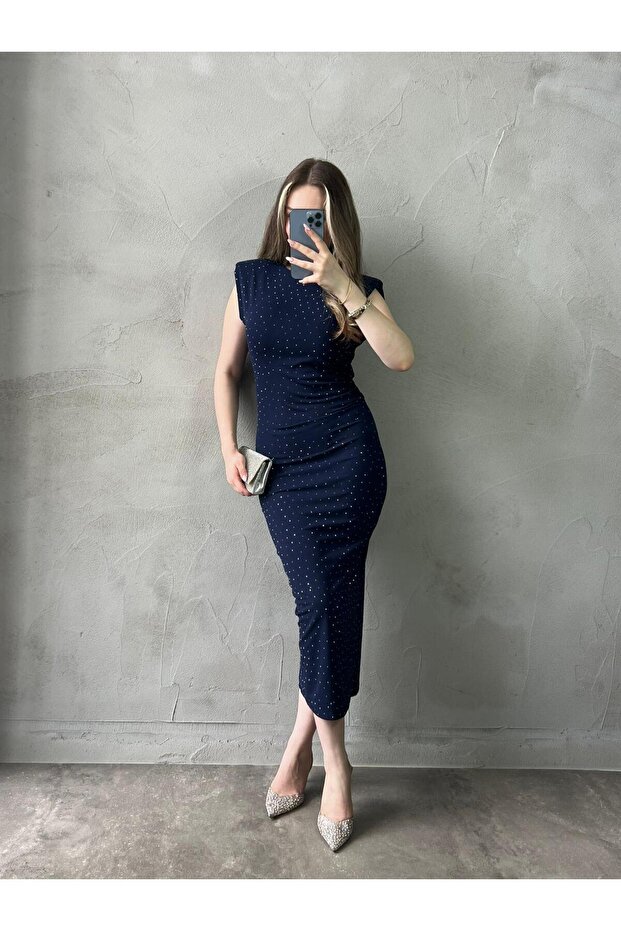 Women's Navy Blue Stone Detailed Padded Shoulders Midi Dress