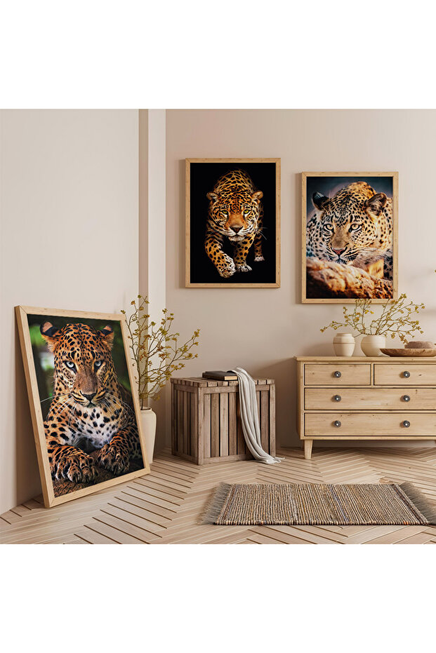 Wooden Framed Leopard Portraits Triple Wooden Painting Set