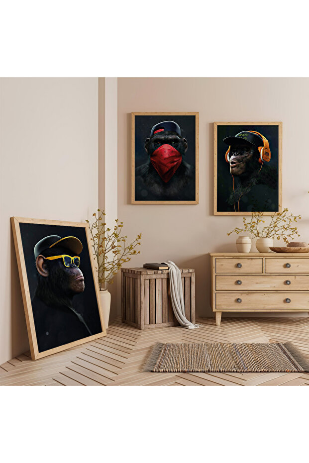 3 Style Monkey Triple Wooden Painting Set with Wooden Frame