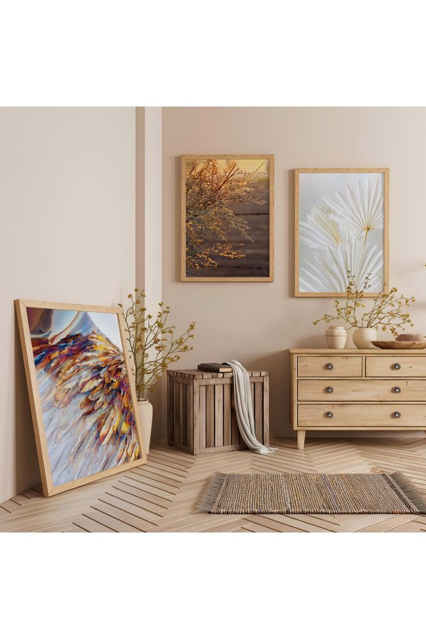 Wooden Framed Golden Sparkle of Nature Triple Wooden Painting Set