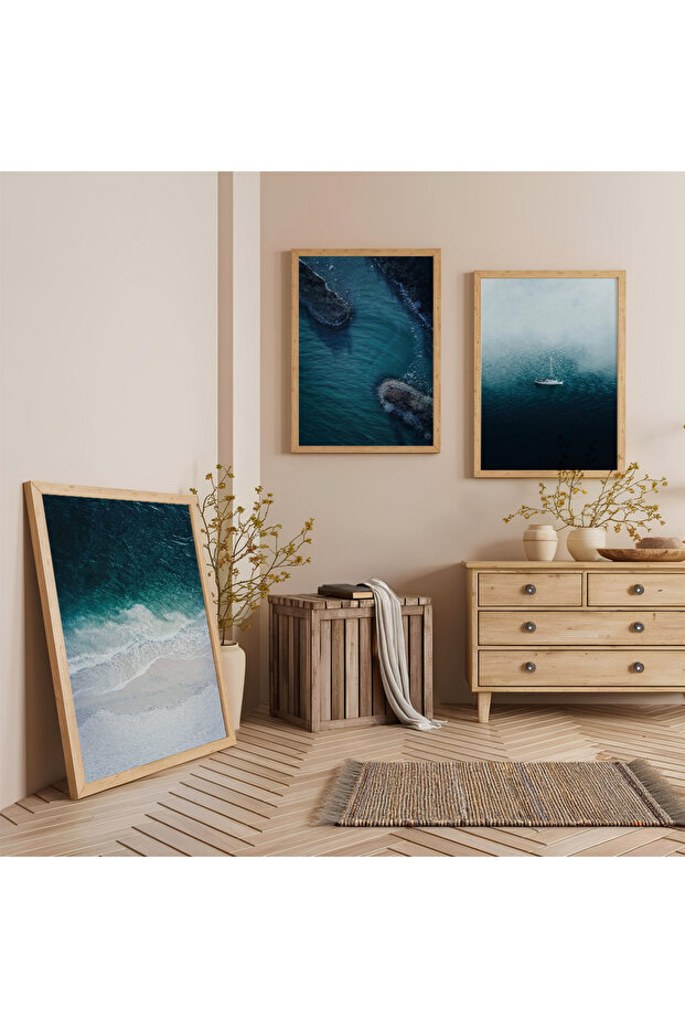 Blue Journey Triple Wooden Painting Set with Wooden Frame