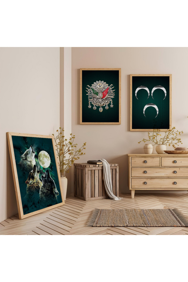 Wooden Framed White Wolf and 3 Crescent Moon Triple Wooden Painting Set