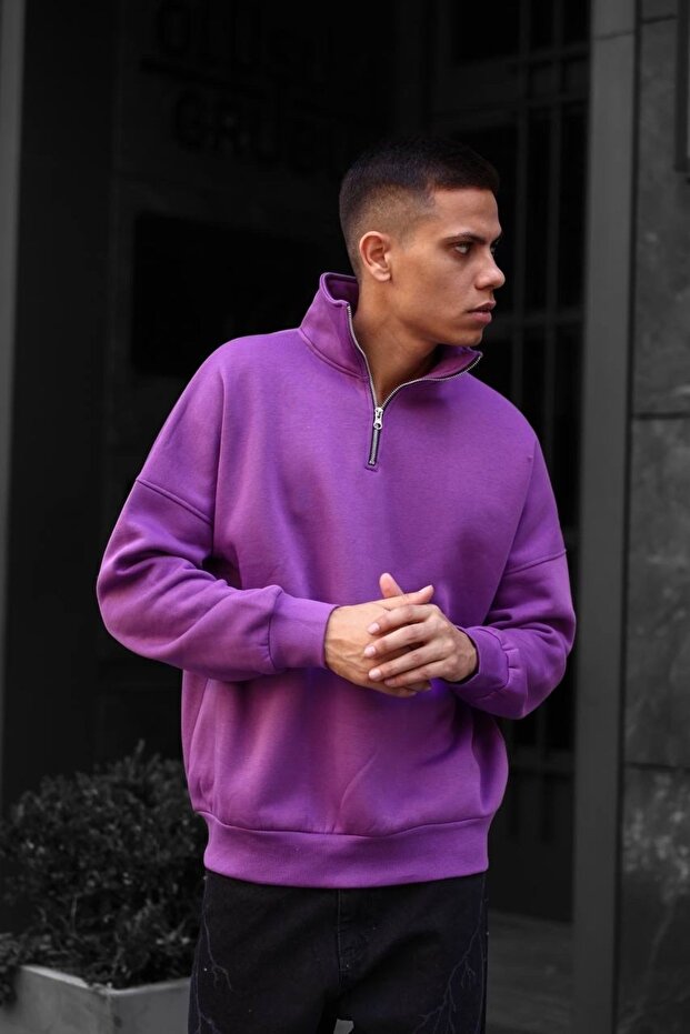 Fermuarlı Mor Oversize Unisex Sweatshirt - 8