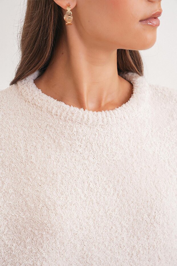 6917 Kadın Buklet Basic Triko Kazak Naturel - 5