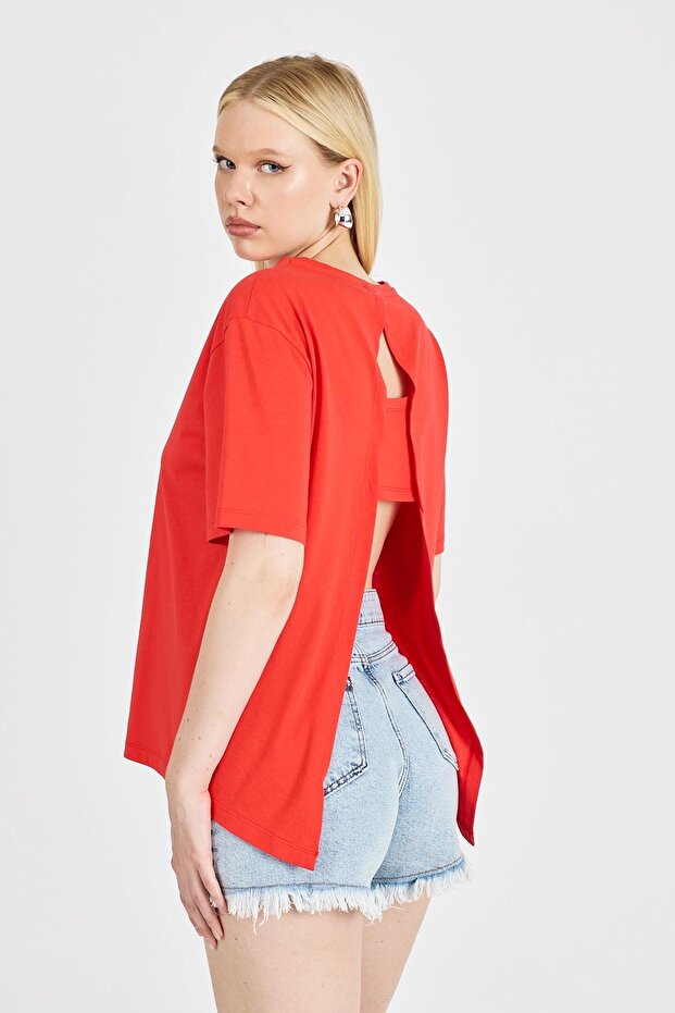 Women's Back Detailed 100% Cotton Red T-Shirt