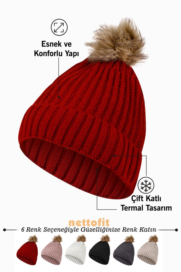 Women's Fur Pompom Wool Red Colored Beret