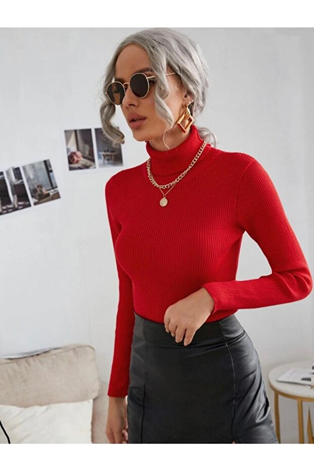 Red Sweater Ready-To-Wear Seasonal Savior Piece Cotton Turtleneck Ribbed Slimfit