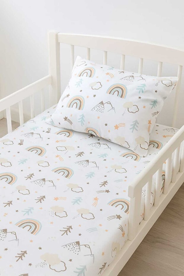 100% Cotton Children's Elastic Sheet and Pillowcase 90X190 Montessori Brown Rainbow