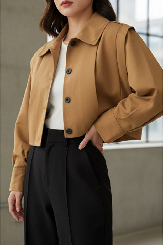 Camel High Collar Buttoned Lined Design Short Trench Coat - 4