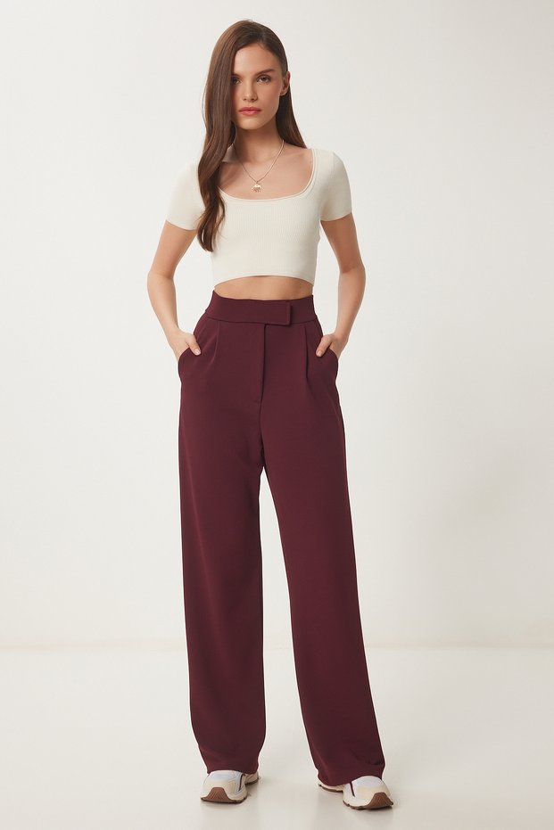 Comfortable Palazzo Trousers with Velcro Waist Bordo Lrv0003