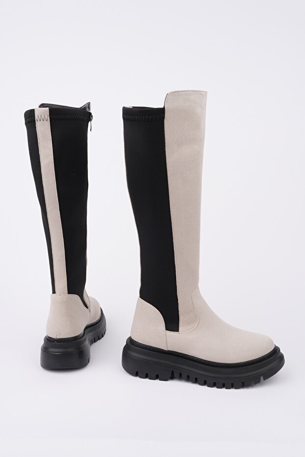 Di̇asa Suede Thick Sole Stretch Detailed Zippered Women's Boots