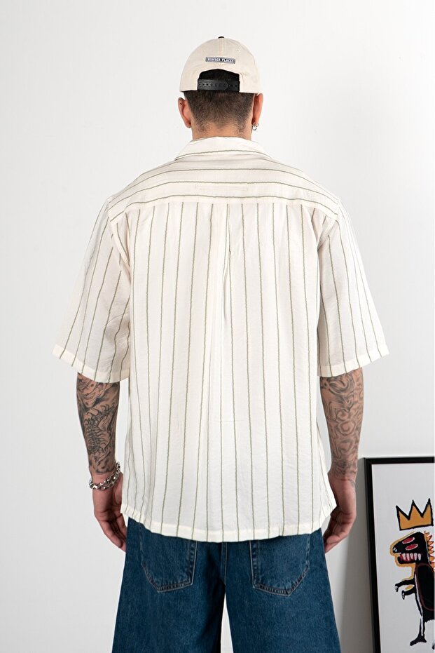 Çift Cepli Oversize Ekru Erkek Gömlek US4305EK - 5