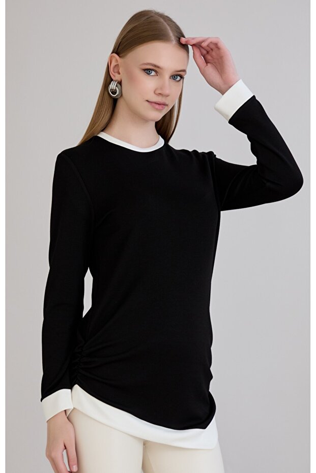 Women's Gathered Side Asymmetrical Sleeve Collar Skirt Detail Black Modal Blouse