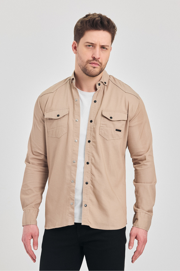 YXC Trend Maker Erkek Gömlek Slim Fit Erkek Bej Kot Gömlek