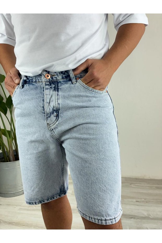 Snow Washed Light Blue Fit Lycra-Free Jean Denim Shorts