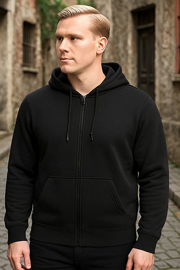 Siyah Kapşonlu Fermuarlı Sweatshirt - 2
