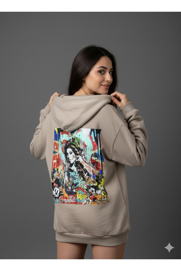 Lenithra Dare to Dream Back Printed Unisex Oversize Beige Hoodie