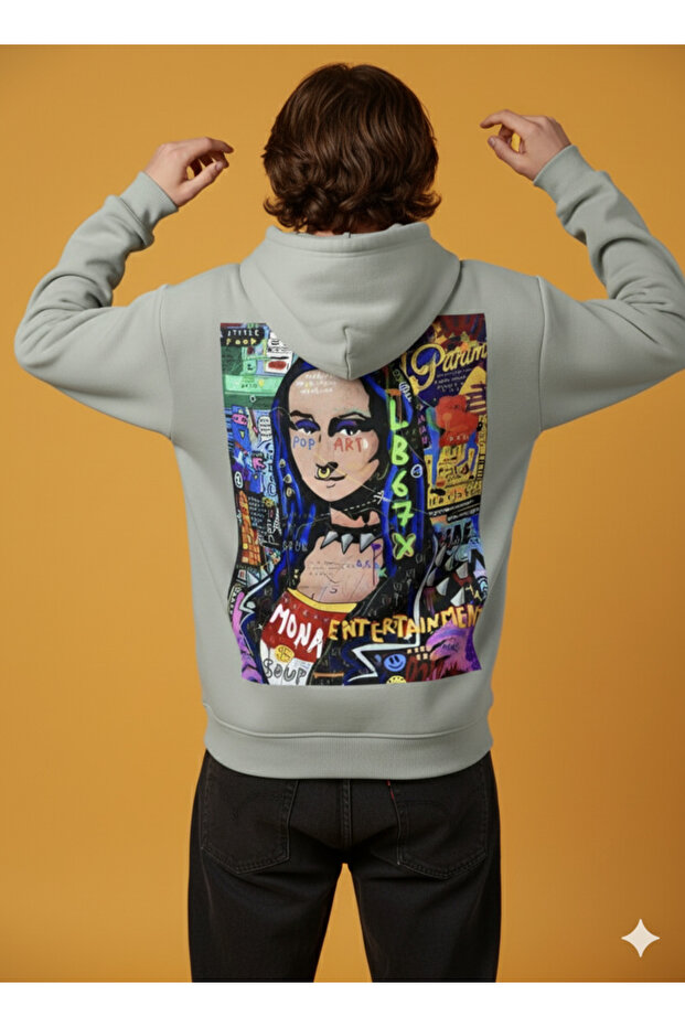Lenithra Mona Lisa Back Printed Unisex Oversize Gray Hoodie