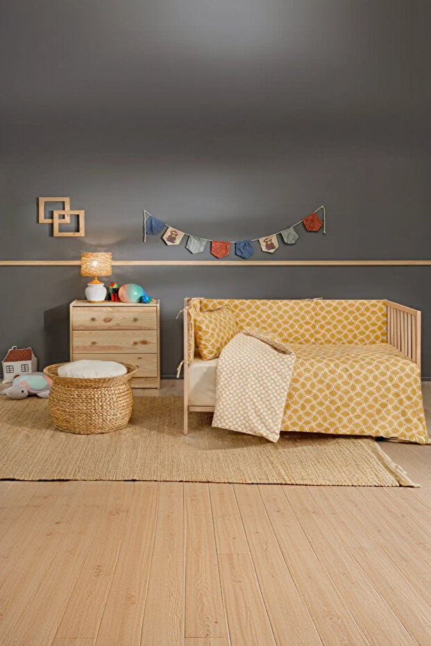 Waves 100% Cotton, Double-Sided, Modern, Breathable, Geometric Baby Duvet Cover Set - Mustard