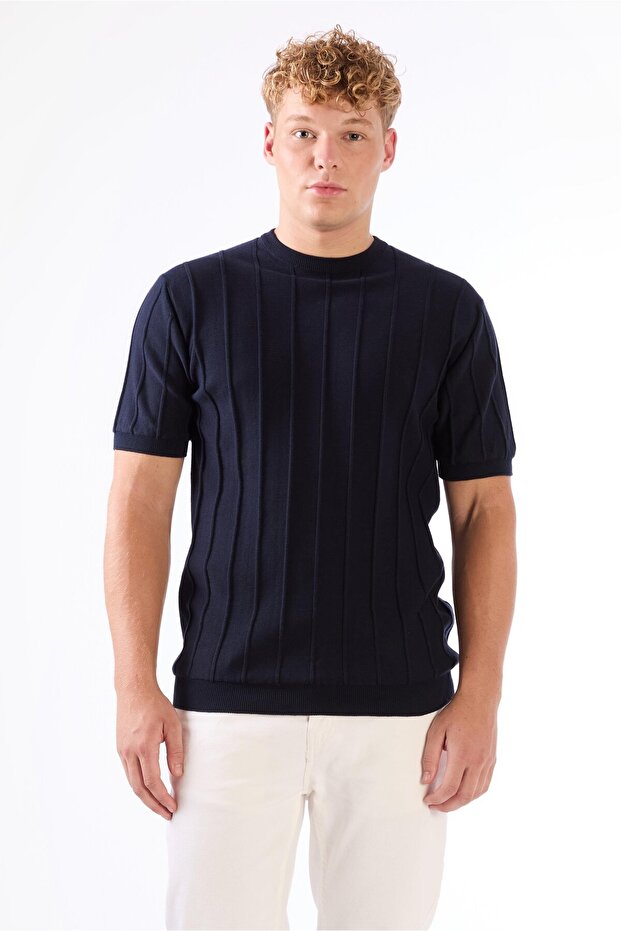 Navy Blue Striped Pattern Short Sleeve Slim Fit Men's Knitwear