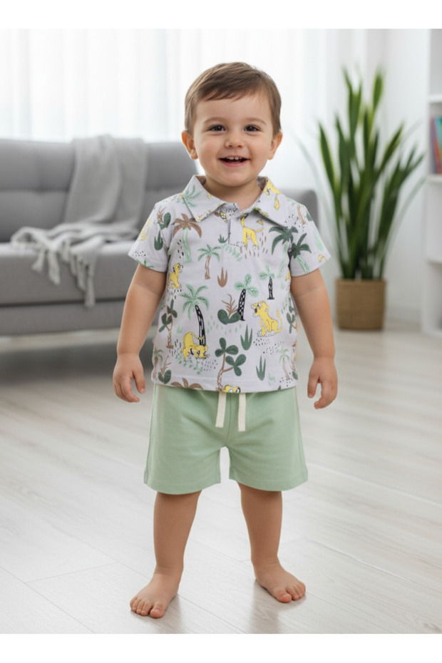 Forest Patterned Baby Boy Summer Short Sleeve Shorts Suit 6 Months, 9 Months, 12 Months, 18 Months