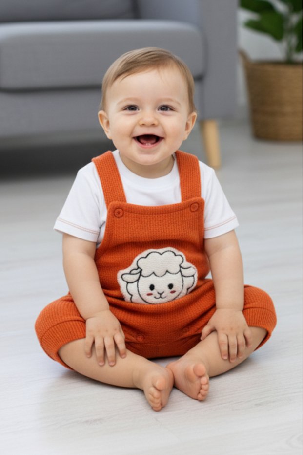 Lamb Figured Short Salopet Suit for Girls and Boys 0-3 Months, 3-6 Months, 6-9 Months