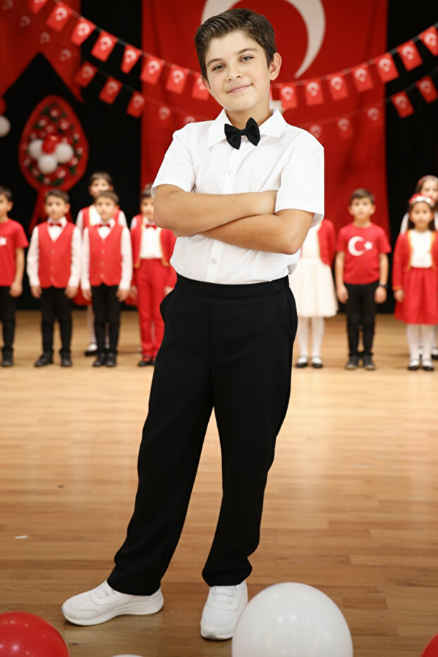 Boy's Santino White Shirt Black Pants Bow Tie Bottom Top Set October 29 Show Outfit