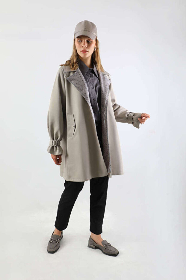 Yakası Desenli Midi Trençkot Gri - 5