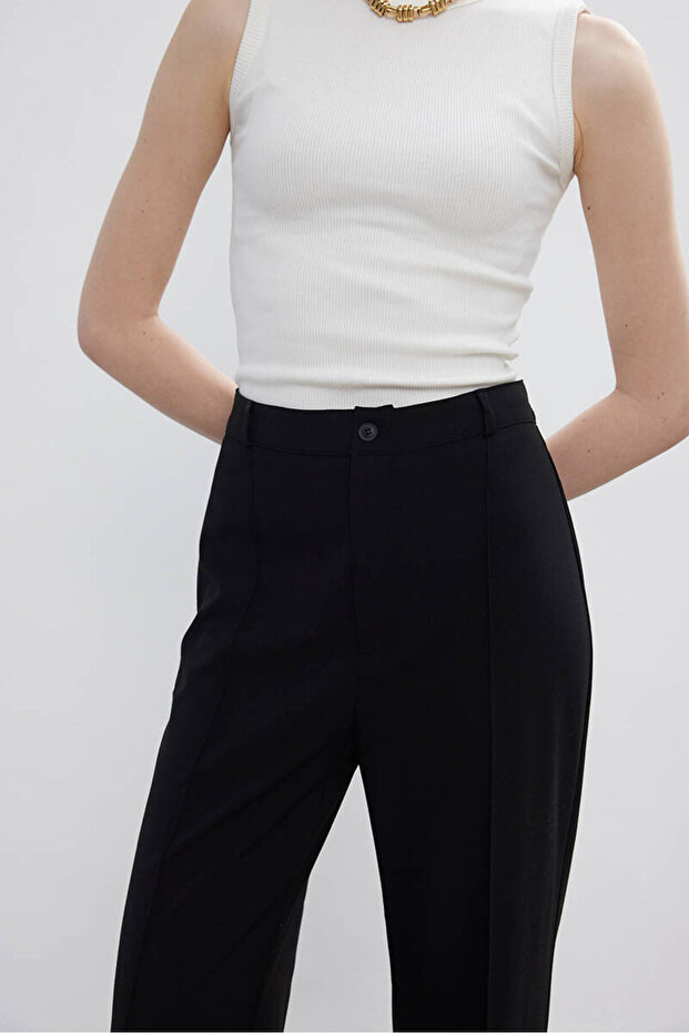 Siyah Nervürlü Palazzo Pantolon - 7