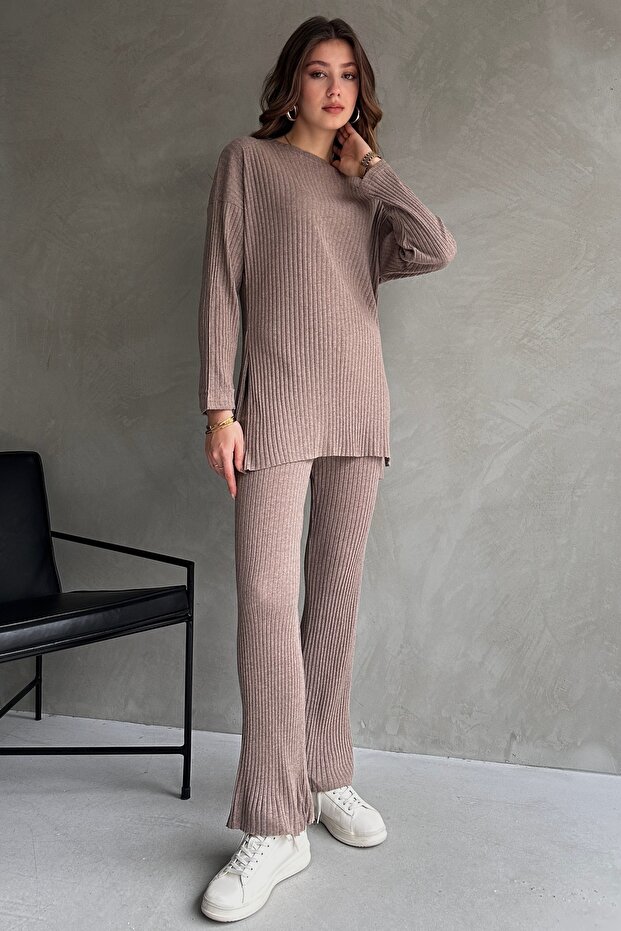 Mink Cotton Ribbed Women's Blouse Pants Two-Piece Set