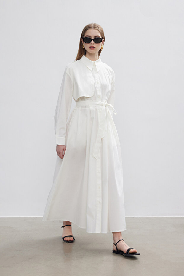 EKRU PAMUKLU TRENÇ ELBİSE - 5