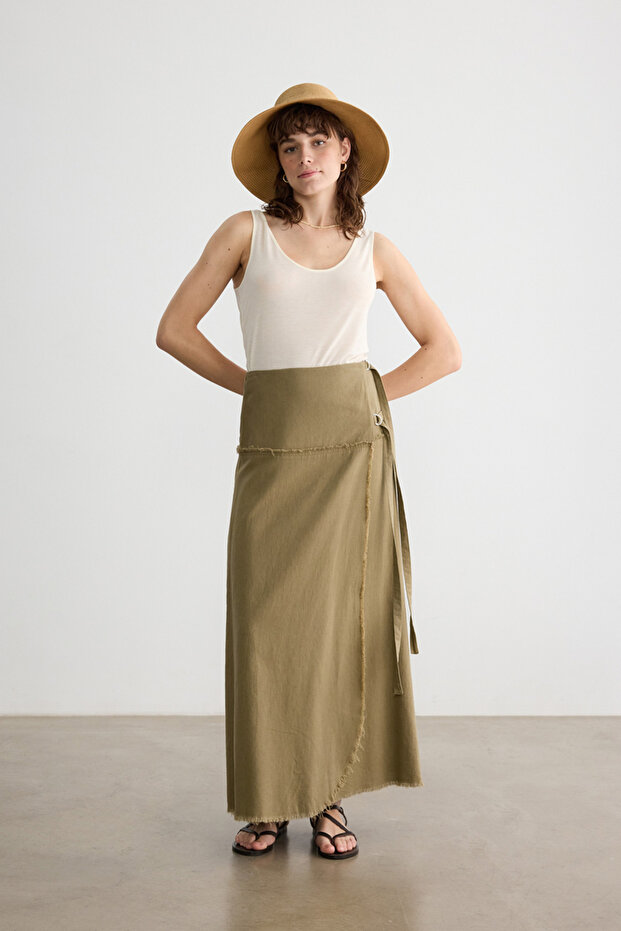 Khaki Tassel Detailed Cotton Linen Skirt