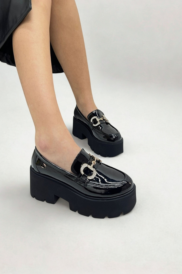 Black Patent Leather Buckle Loafer P9060