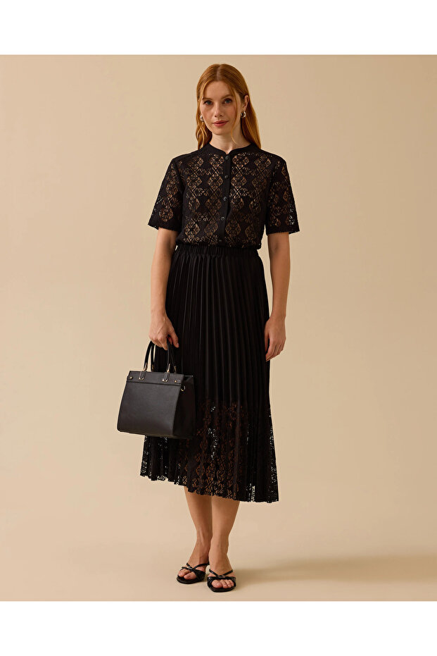 Dantel Detaylı Pliseli Etek - 1