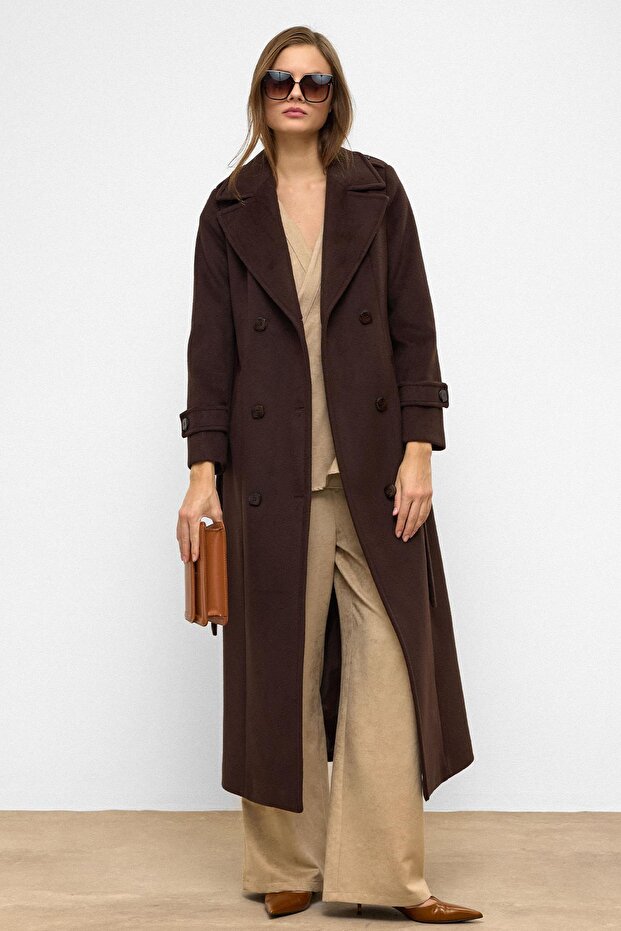 Apolet Detaylı Kruvaze Uzun Boy Kaban KAHVE 3056 - 5