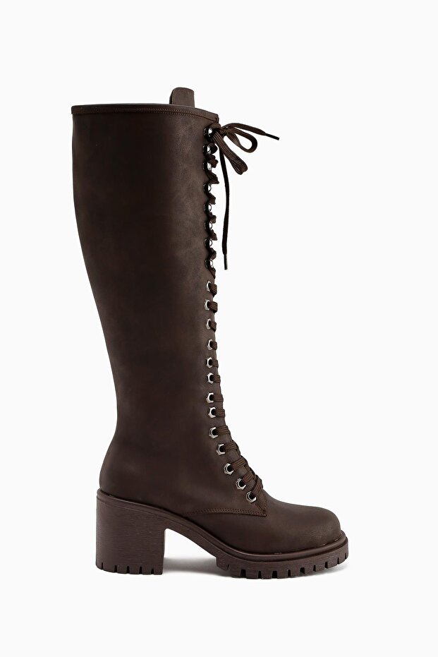 Bella Brown Lace-Up and Zippered Oval Toe Heeled Women's Boots