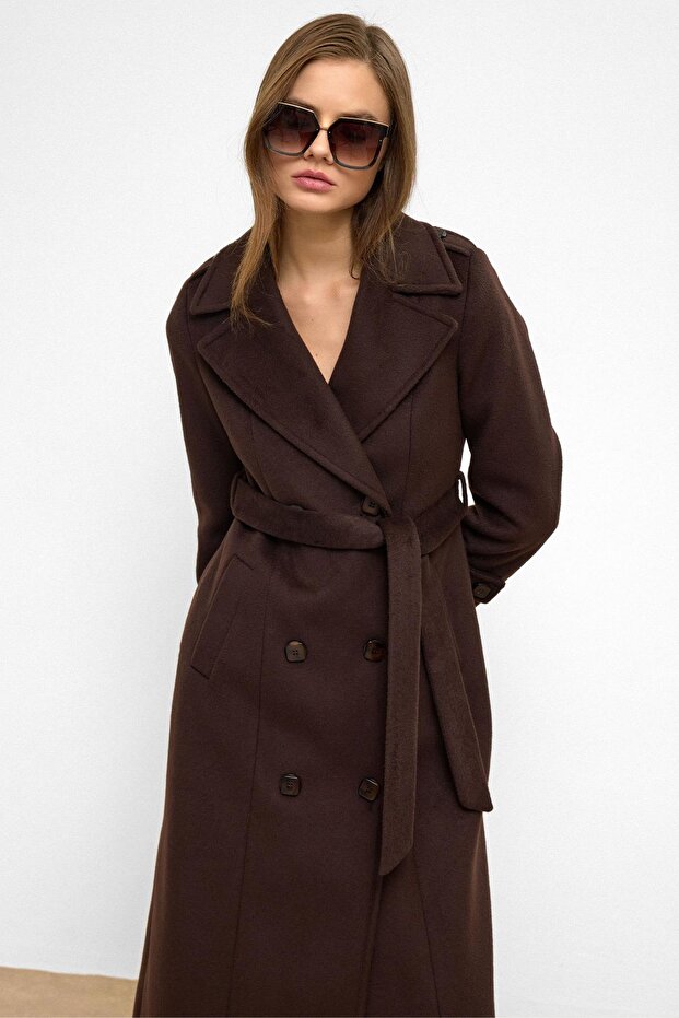 Apolet Detaylı Kruvaze Uzun Boy Kaban KAHVE 3056 - 4