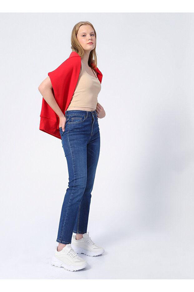 Yüksek Bel Slim Fit İndigo Kadın Denim Pantolon K-STRAIGHT - 1