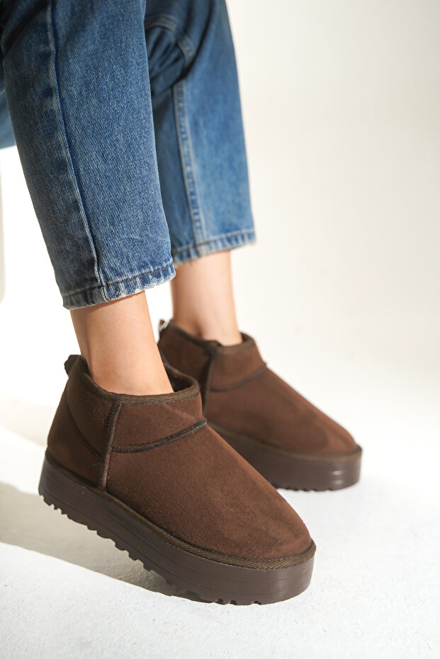 Brown Women's Thick Sole Fur Lined Ankle Boots Tefis Brown Suede